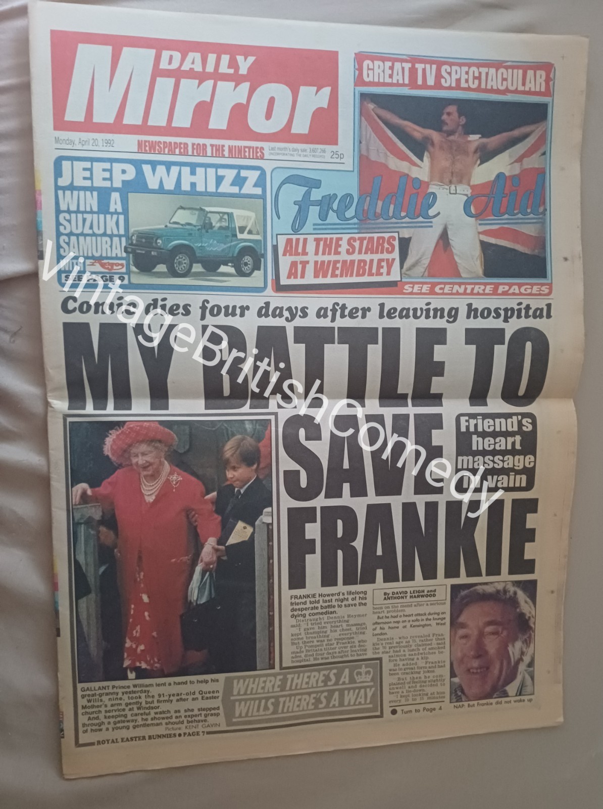 RARE Frankie Howerd Dead Original Newspaper Daily Mirror 1992