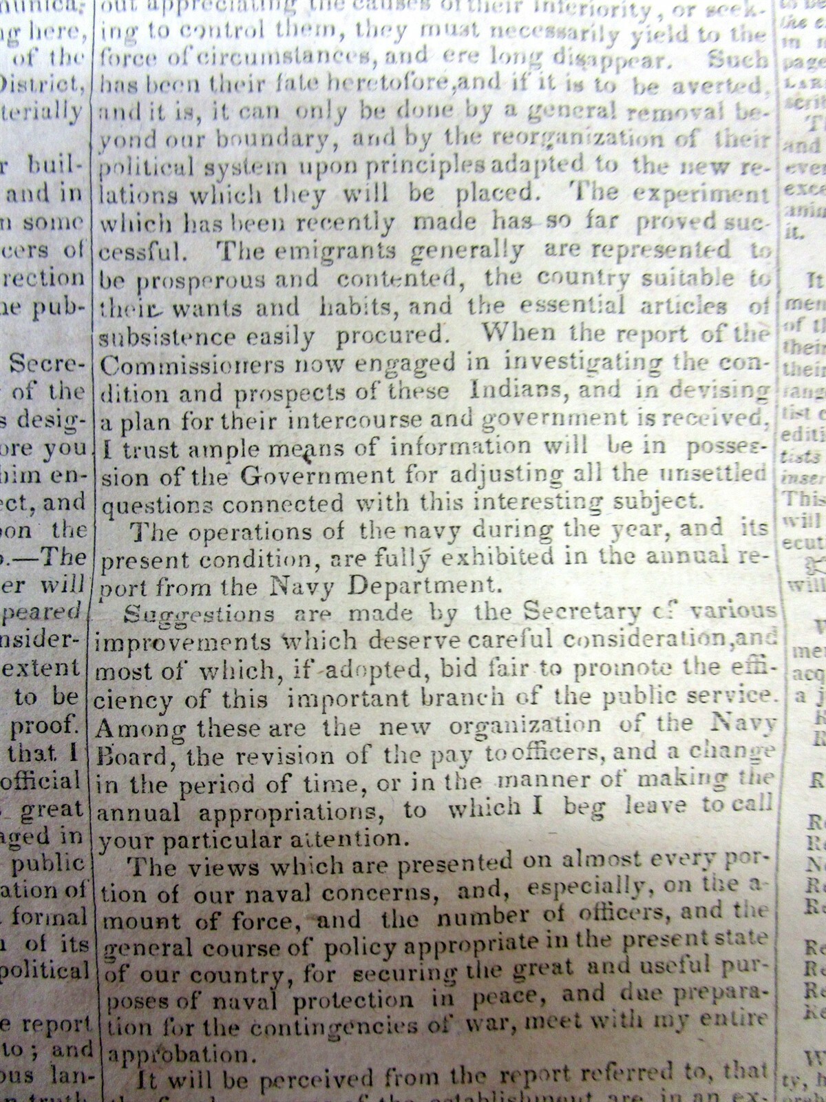 1833 newspaper w ANDREW JACKSON SPEECH on Indian Removal Policy TRAIL OF TEARS