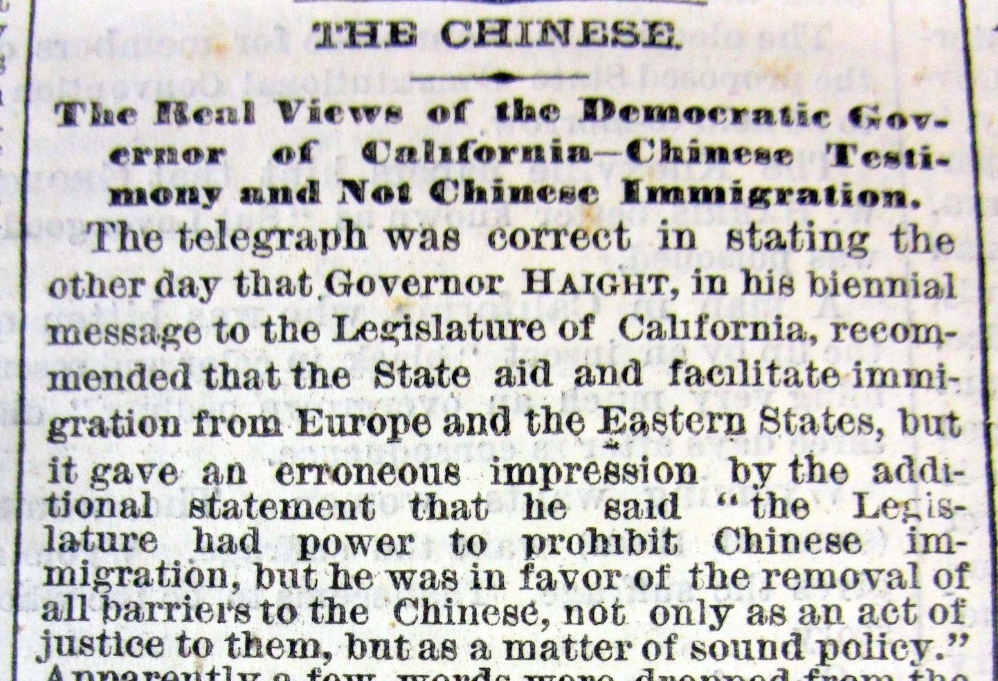 1869 NY Times newspaper wth THE ANTI-CHINESE IMMIGRATION sentiment in CALIFORNIA