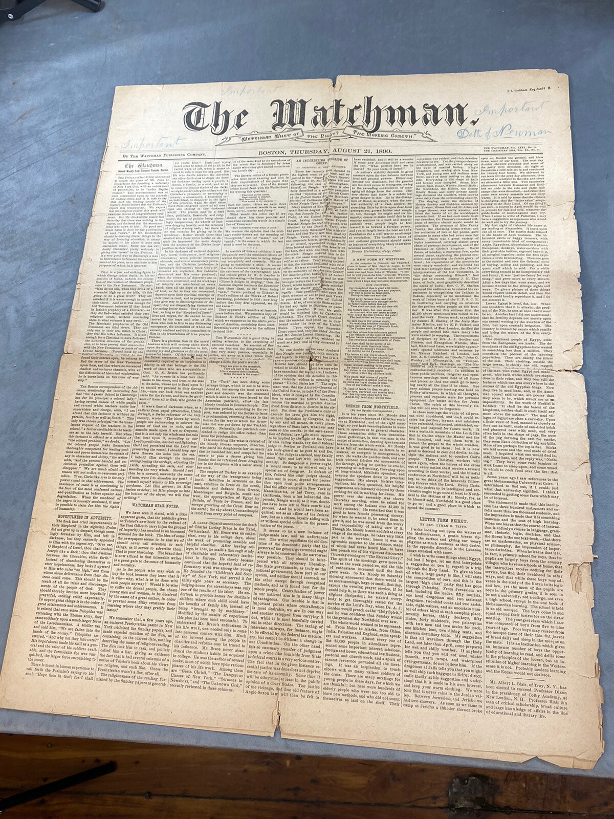 1890 Boston Newspaper “The Watchman” 40 Line J.G. Whittier Poem OUR COUNTRY