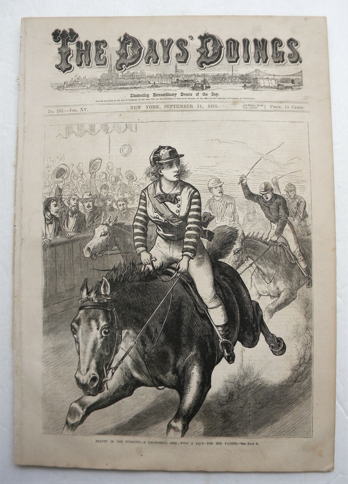 1875 The Days’ Doings (NY) (Sept 11) Woman Jockey Wins Horse Race–Unusual Cover
