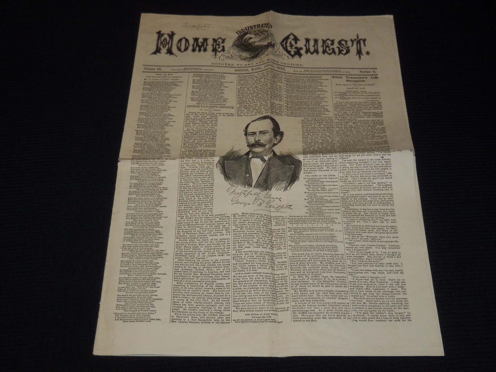 1878 APRIL ILLUSTRATED HOME GUEST NEWSPAPER – GEORGE BANCROFT GRIFFITH – K 61