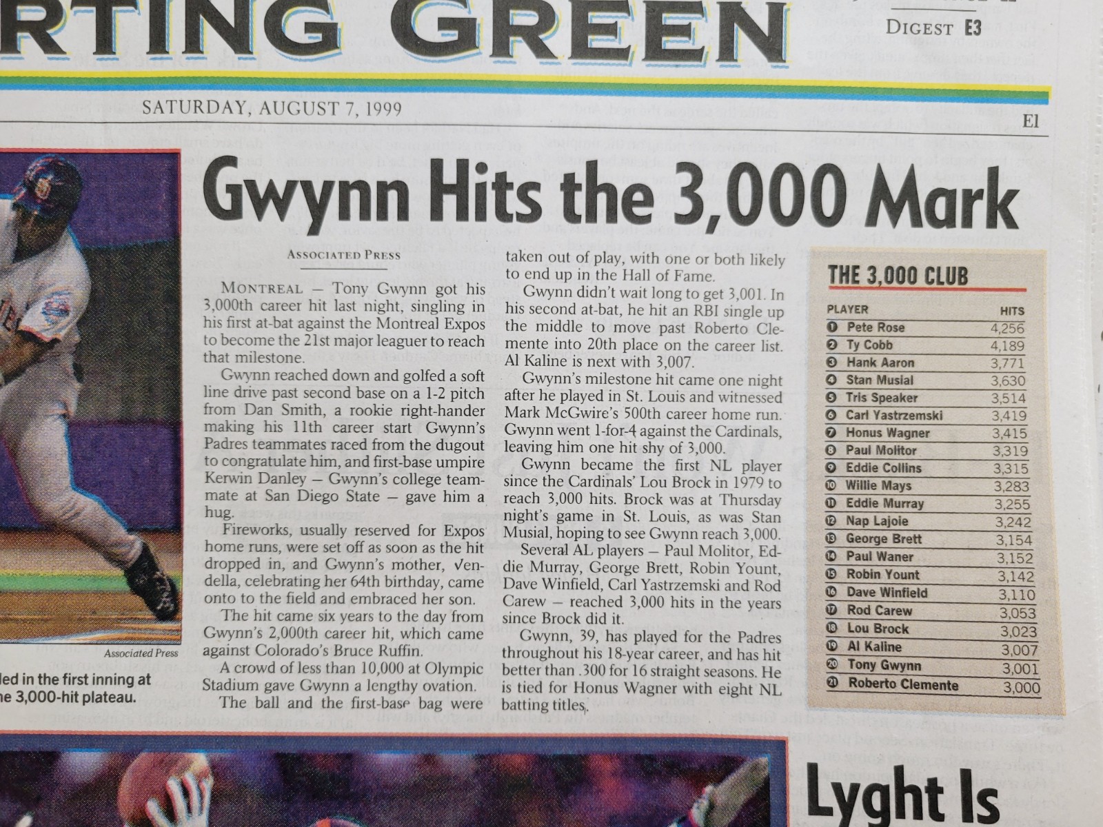 1999 Aug 7: MLB San Diego TONY GWYNN Reaches 3,000 Hits! Padres! SF Chronicle