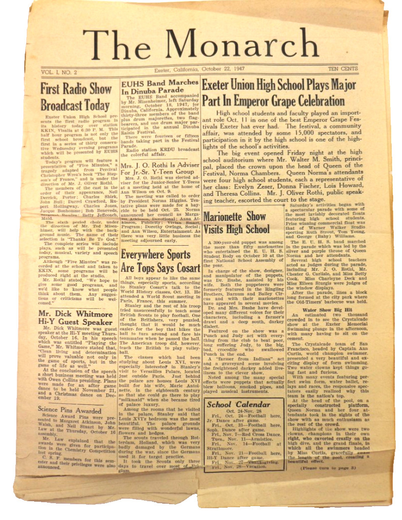 The Monarch Newspaper Volume 1, Number 2, 1947 Exeter Union High School Ca BONUS