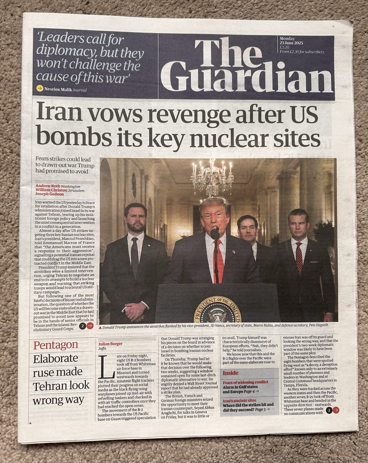 The Guardian 23rd June 2025 23/6/25 Iran Vows Revenge After USA Attack