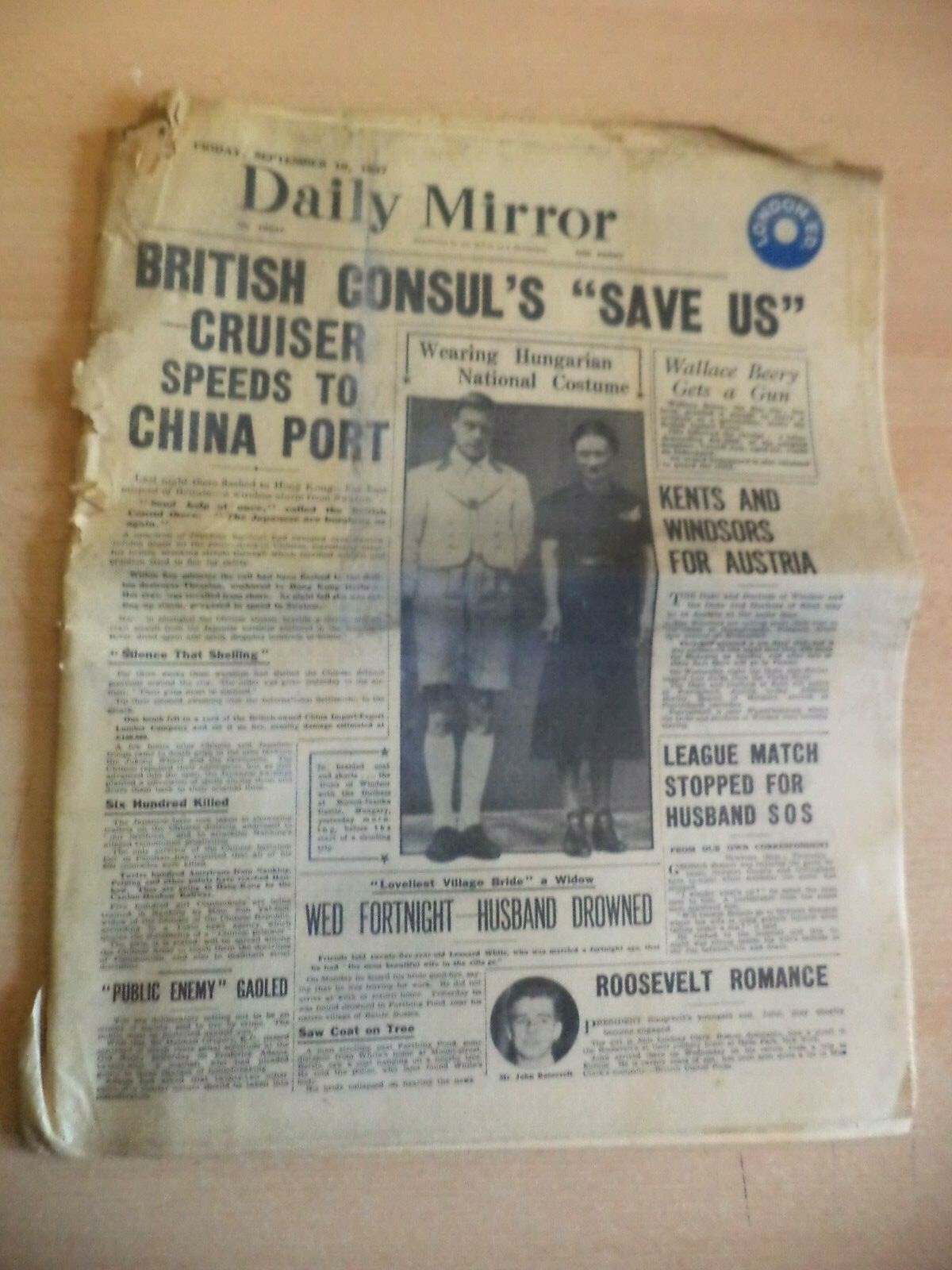 OLD ANTIQUE ORIG 1930s NEWSPAPER SEPT 1937 daily mirror SWATOW HONG DUKE OF KENT