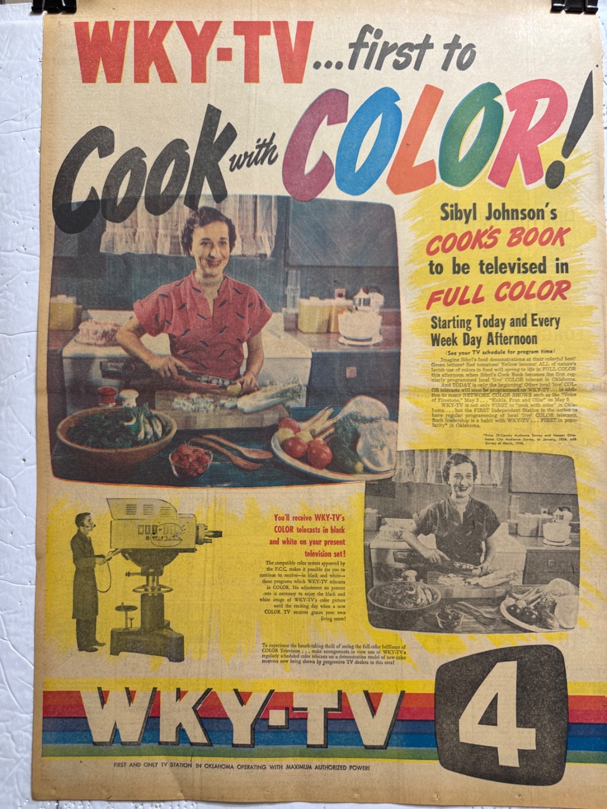 1954 WKY-TV, 1ST. TO COOK IN COLOR OKLA. CITY NEWSPAPER PAGE AD FREE SHIPPING