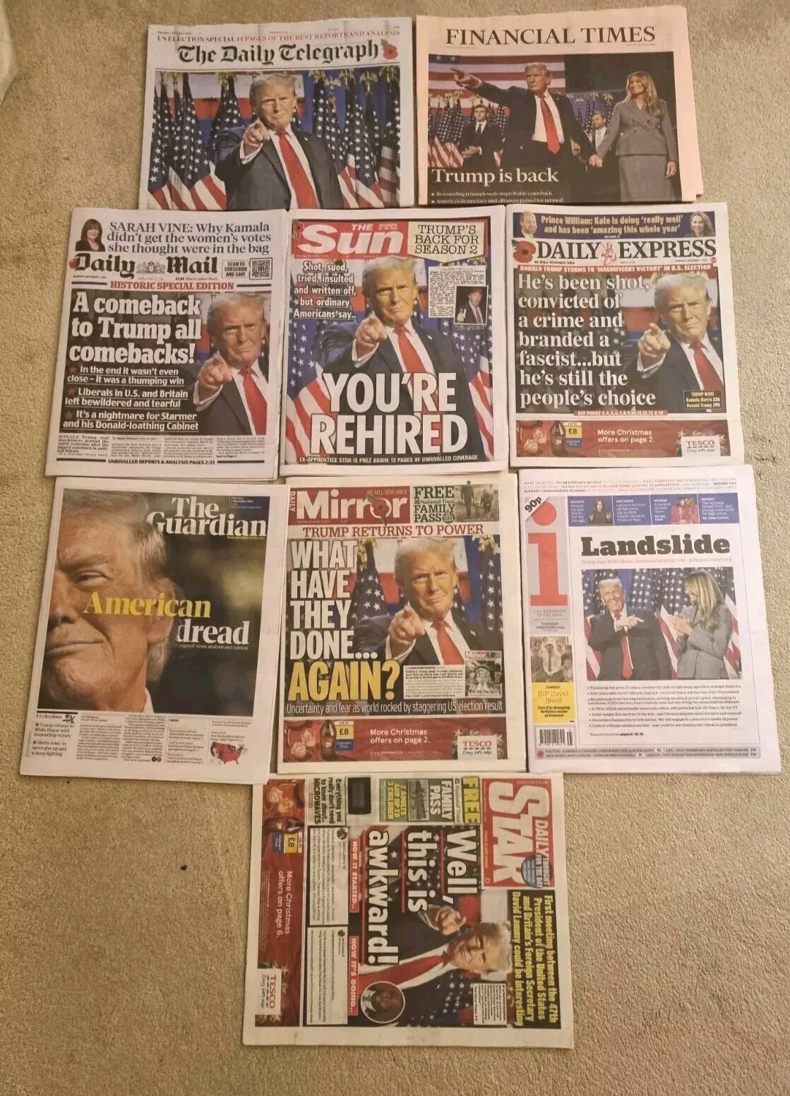 9 x UK Newspapers Donald Trump US Elections 07/11/24 Souvenir Editions New
