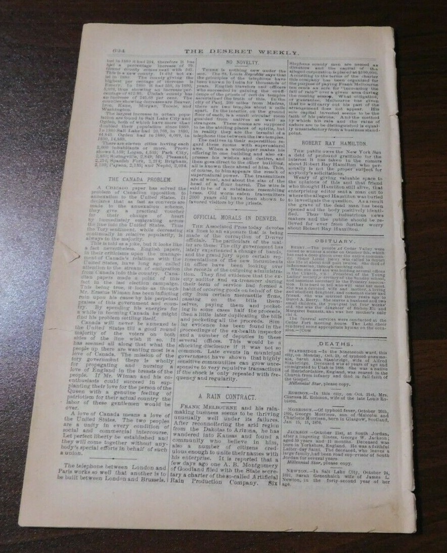1889 October 31 DESERET WEEKLY Salt Lake City UTAH Newspaper Pioneer Publication