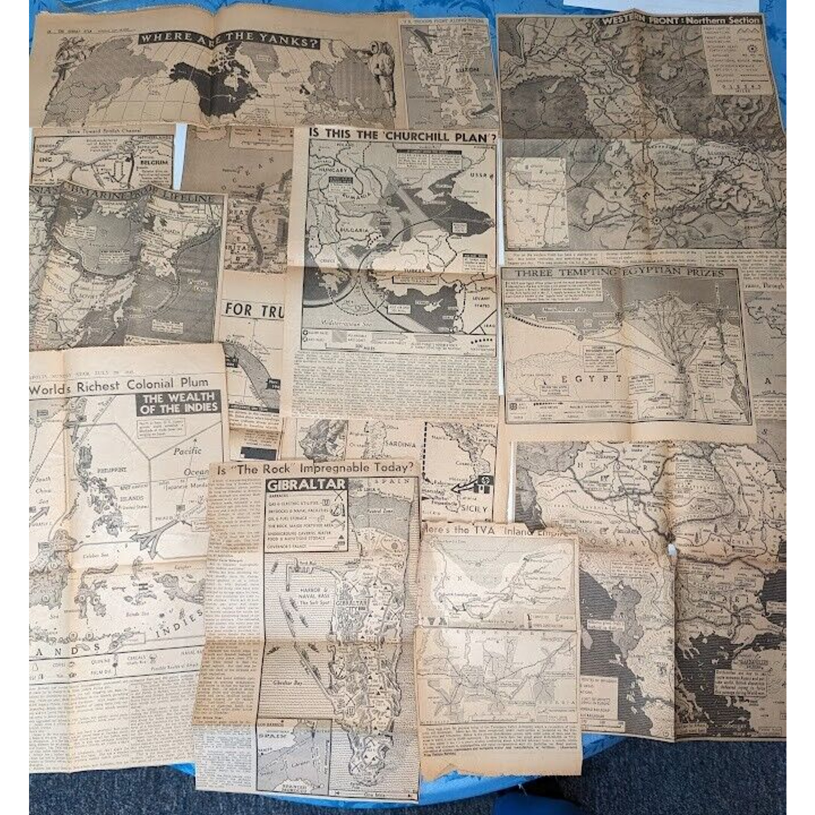 Collection Historical Newspaper Clippings of Strategic WWll Maps 1940-1944 WW2