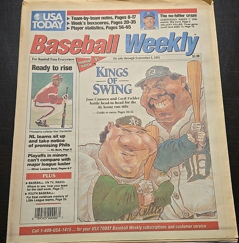 USA Today Baseball Weekly September 5, 1991 Jose Canseco Cecil Fielder