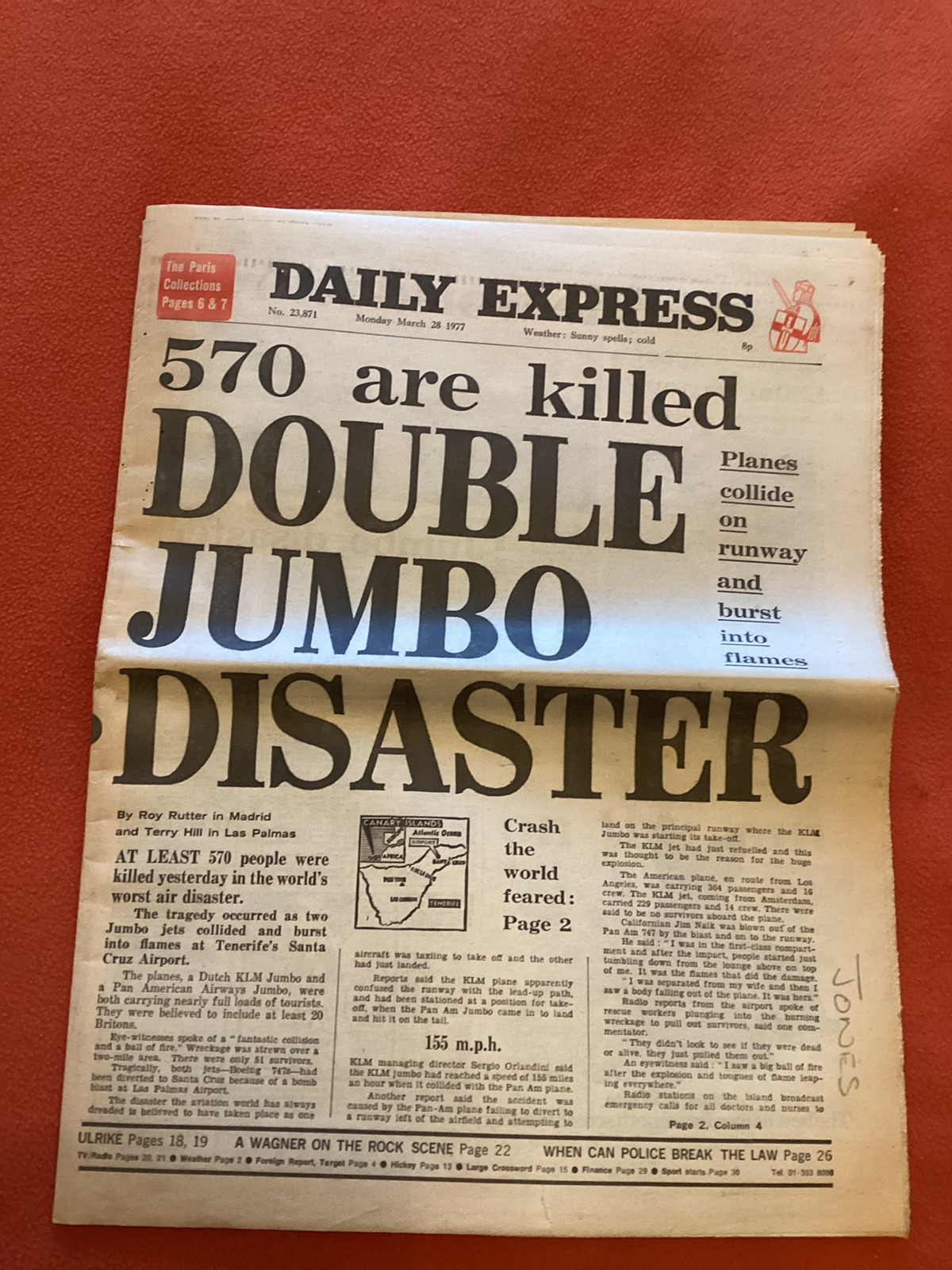Plane Crash In Canaries 570 Killed Express March 28 1977 Original Newspaper