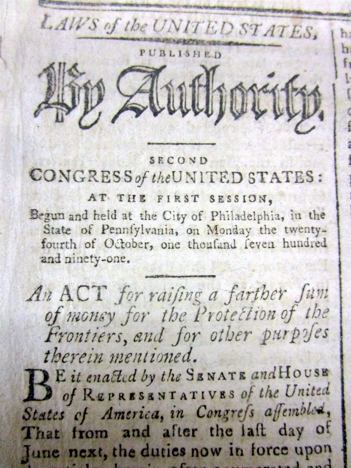 1792 newspaper GEO WASHINGTON signed Act FRONTIER US PROTECTION fm INDIAN ATTACK