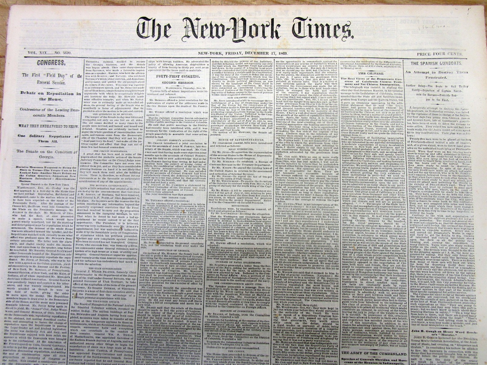 1869 NY Times newspaper wth THE ANTI-CHINESE IMMIGRATION sentiment in CALIFORNIA
