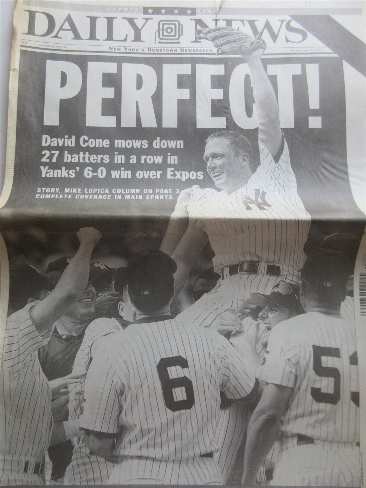 David Cone Perfect Game New York Daily News newspaper July 19 1999 JFK Jr dead