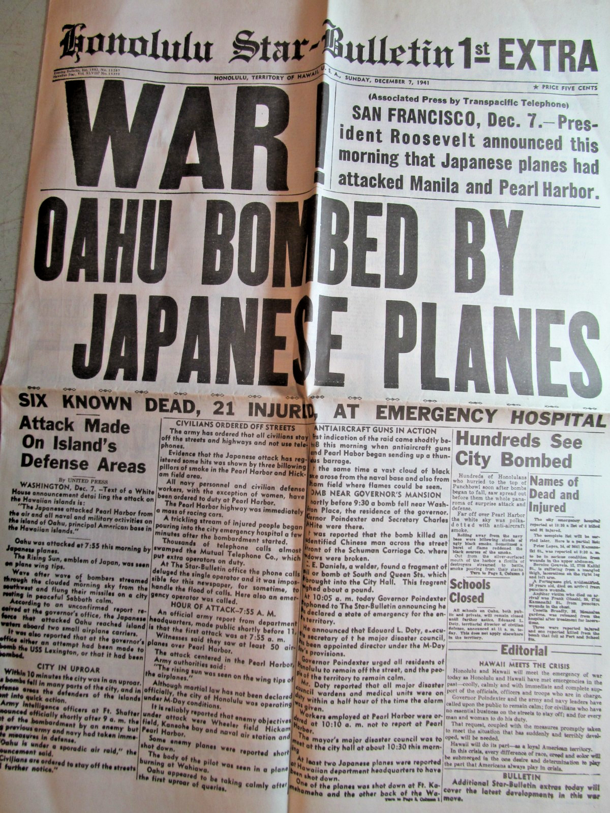 Souvenir Newspaper Honolulu Star-Bulletin Dec 7 1941 Oahu Bombed by Japanese