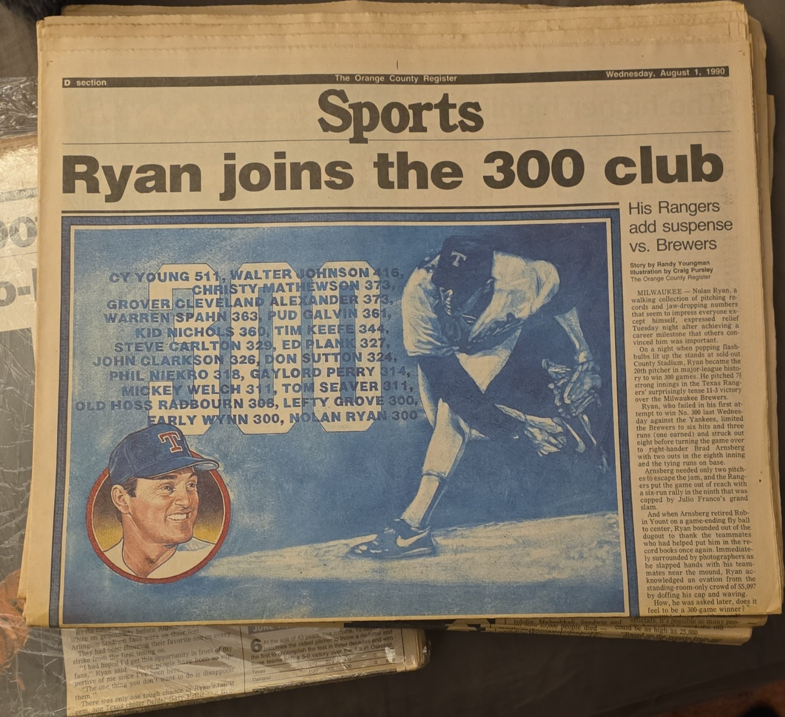 Orange County Register August 1, 1990 Sports MLB Ryan Joins 300 Club Newspaper