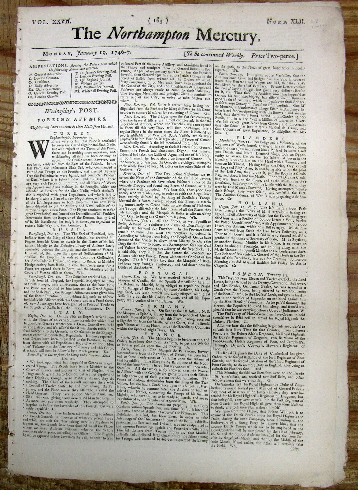 1747 newspaper 3rd FRENCH & INDIAN WAR at St Johns NEWFOUNDLAND Canada LOUISBURG