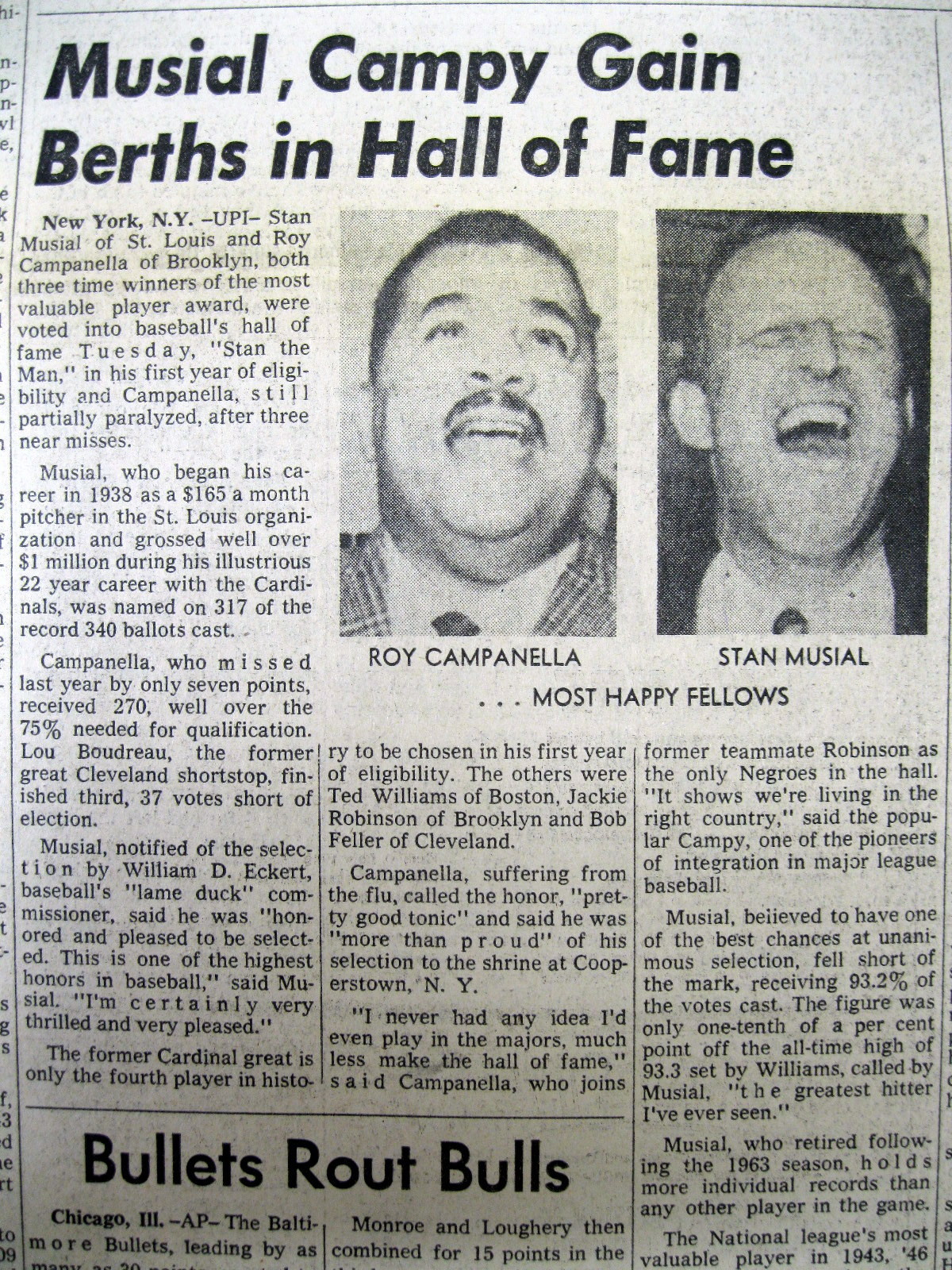 2 1969 newspapers ROY CAMPANELLA & STAN MUSIAL voted into BASEBALL HALL OF FAME