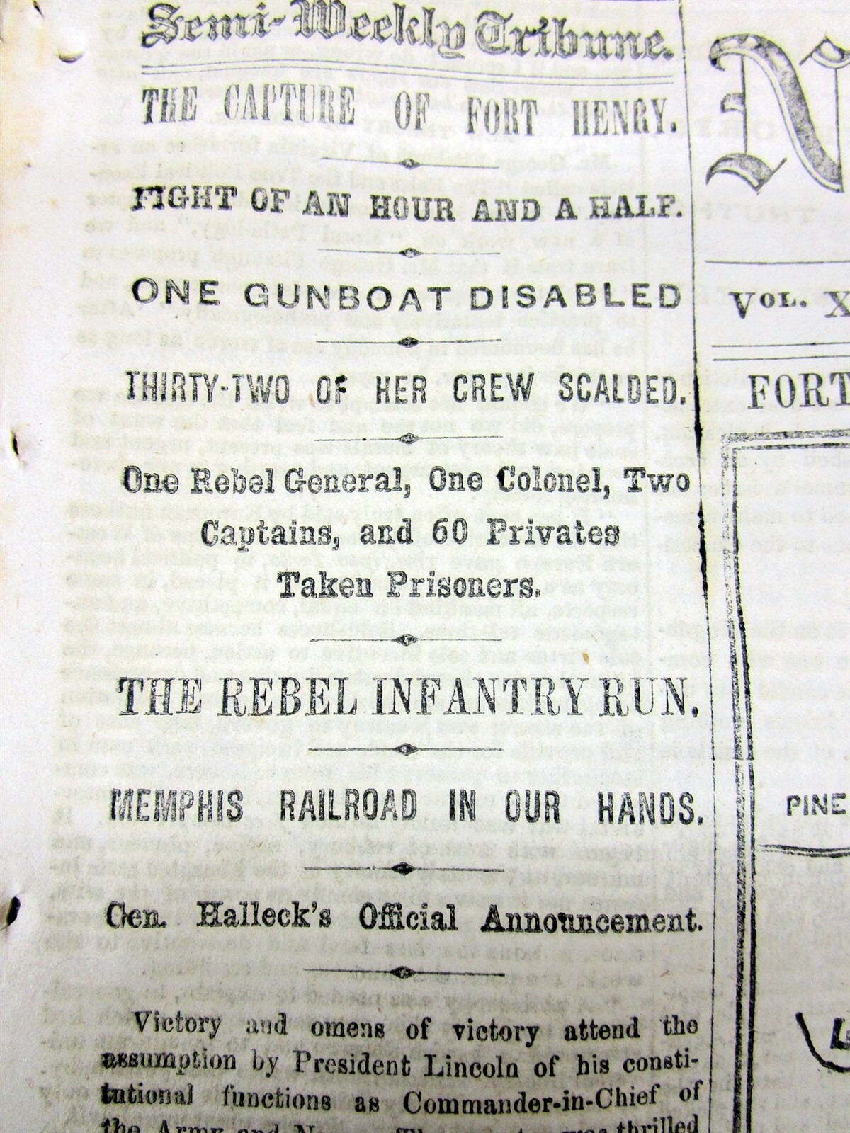 1862 Civil War newspaper w the Capture of FT HENRY & MAP of Kentucky & Tennessee
