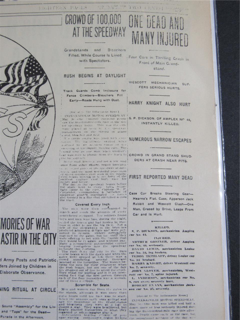 VINTAGE NEWSPAPER HEADLINE ~ HARROUN MARMON WINS 1st INDIANAPOLIS 500 RACE 1911