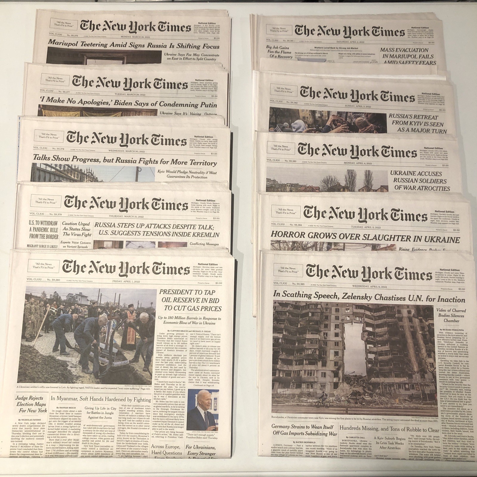 New York Times 10 Used Newspapers Lot, March 28 29 30 31 April 1 2 3 4 5 6, 2022