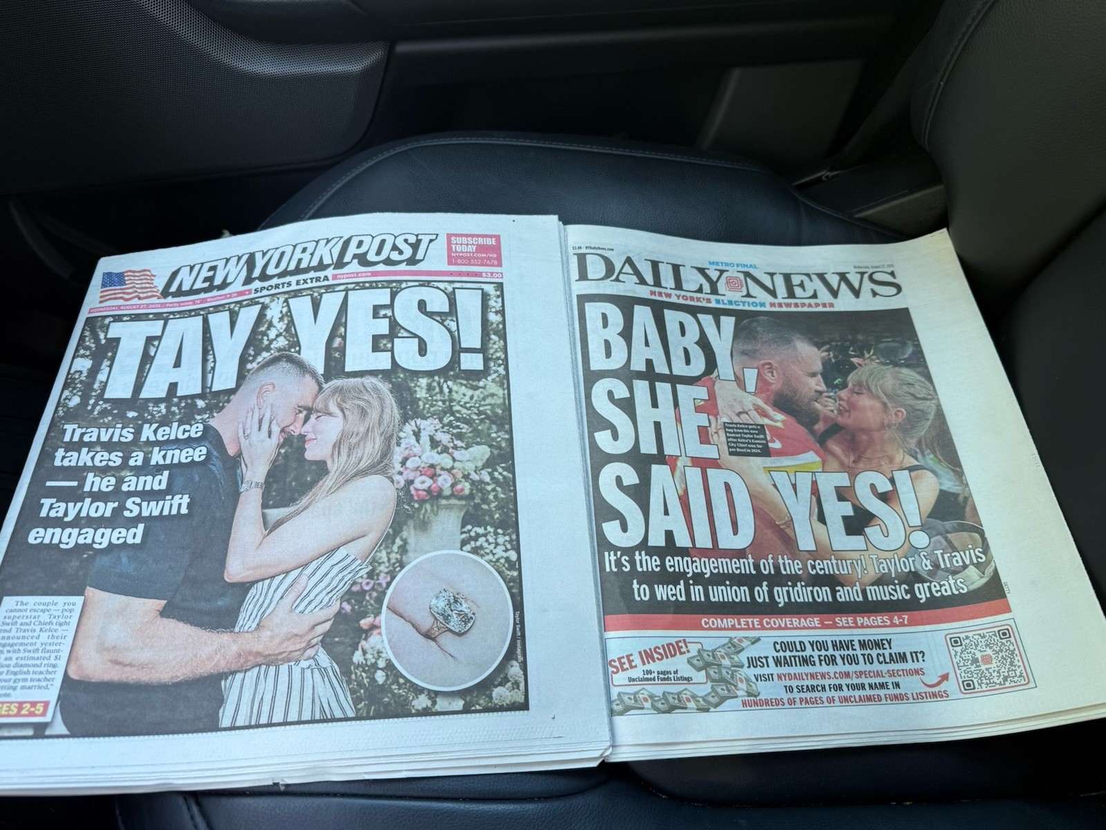 2 Newspaper NY POST AND DAILY NEWS TRAVIS KELCE AND TAYLOR SWIFT ENGAGED! Aug 27