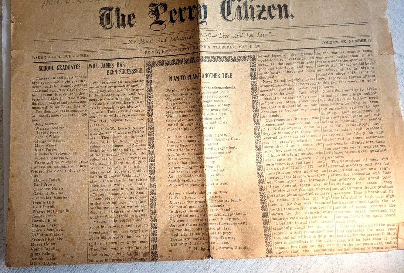 The Perry (Illinois) Citizen May 4 1922. Rare Vintage village Newspaper.