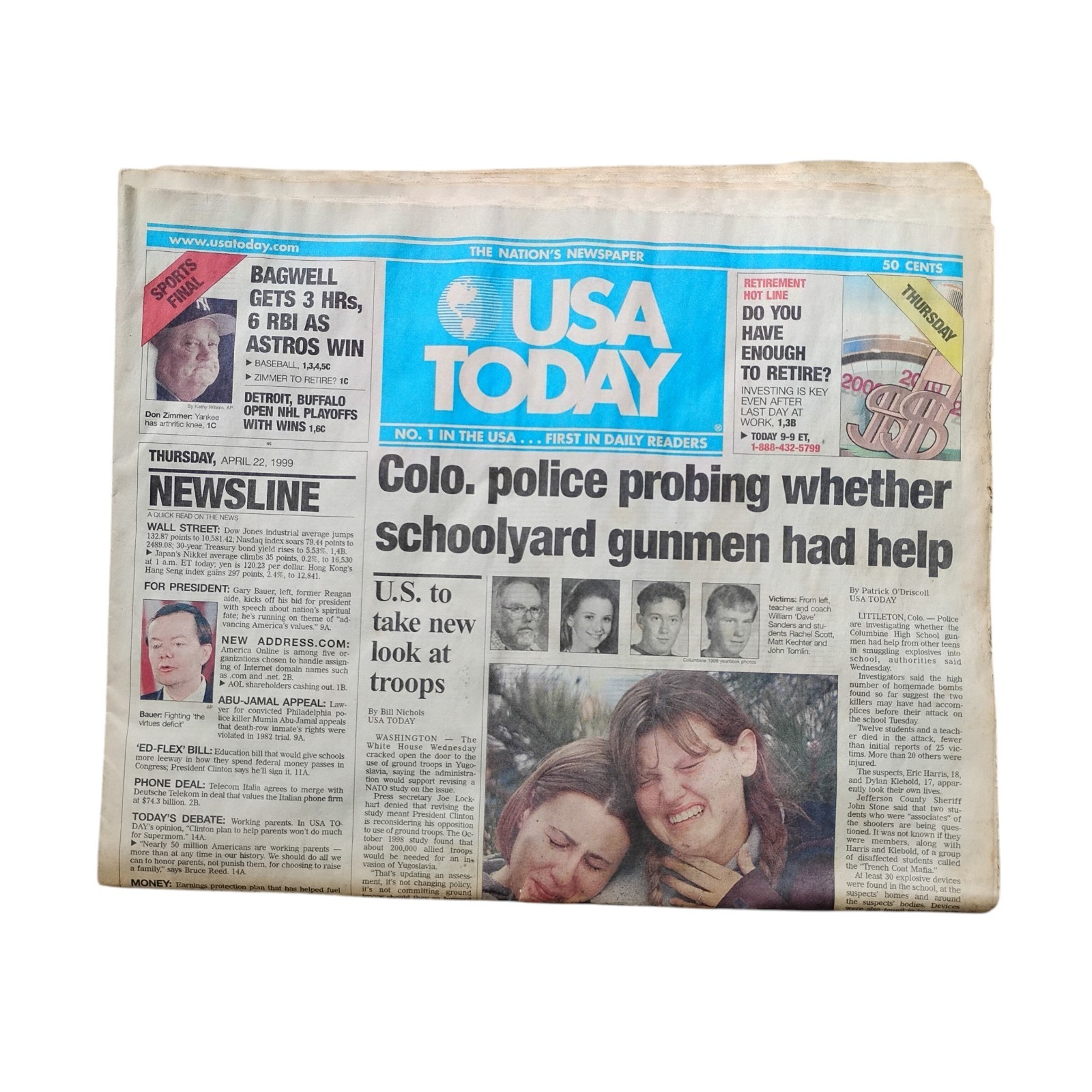 Vtg 4-22-99 USA Today Columbine High School Coverage Newspaper *Little Wtr Dmg*