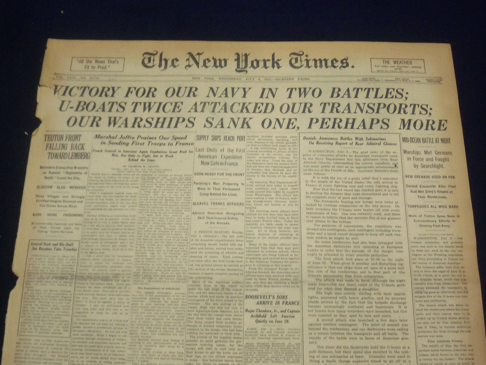 1917 JULY 4 NEW YORK TIMES – VICTORY FOR OUR NAVY IN TWO BATTLES – NT 9294