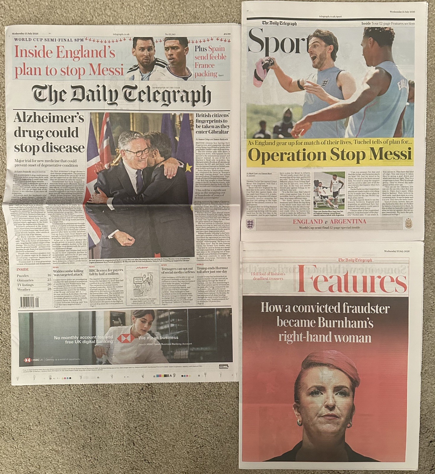 The Daily Telegraph 15th July 2026 15/7/26 England v Argentina Preview