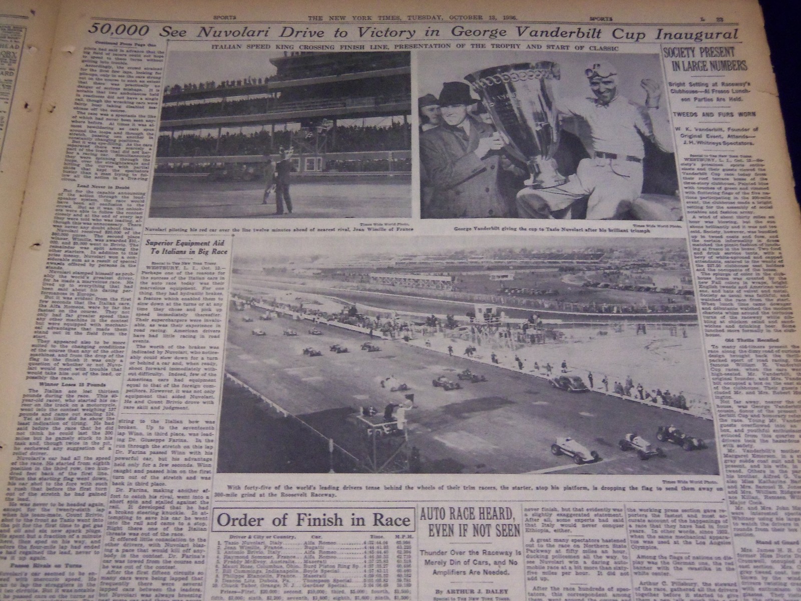 1936 OCT 13 NEW YORK TIMES – NUVOLARI OF ITALY FIRST IN AUTO RACE – NT 2117