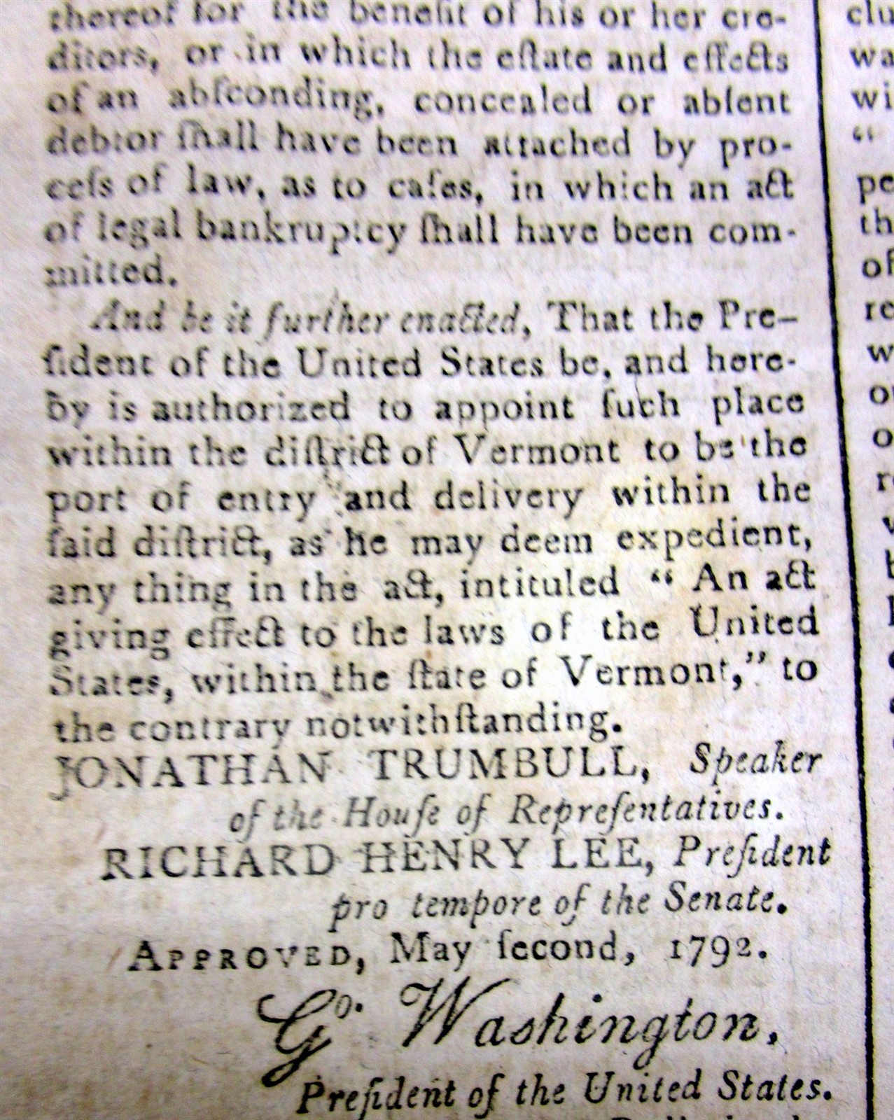 1792 newspaper GEO WASHINGTON signed Act FRONTIER US PROTECTION fm INDIAN ATTACK