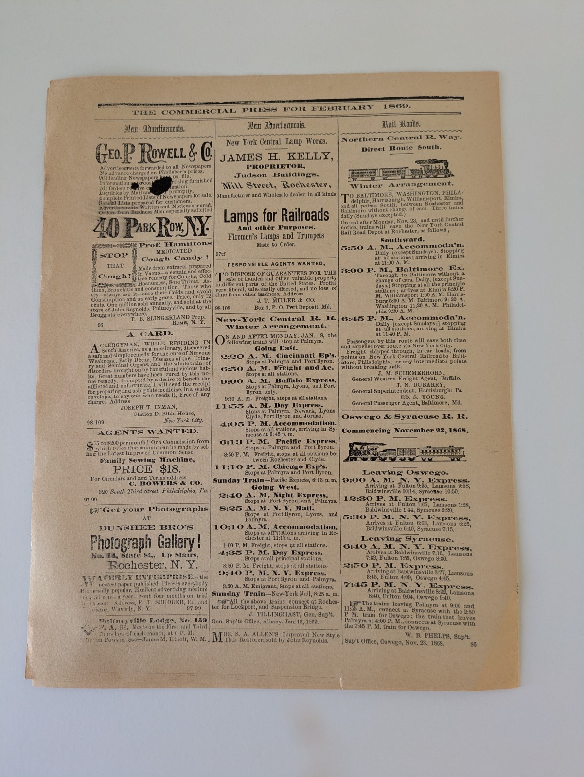 1869 Commercial Press Newspaper REPRINT Pultneyville NY Picker International