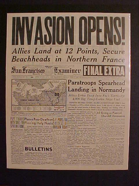 VINTAGE NEWSPAPER HEADLINES ~ WORLD WAR 2 FRANCE D-DAY ARMY INVASION WWII 1944