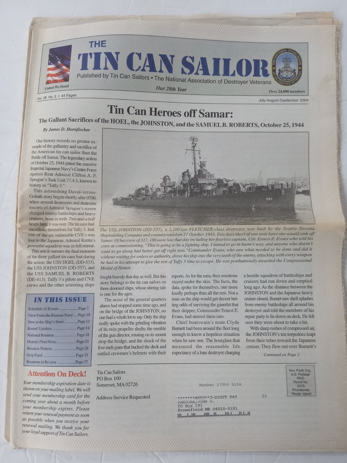 The TIN CAN SAILOR Newspaper 2004 Vol 28 No. 3 SAMAR Oct 25, 1944 HOEL JOHNSTON