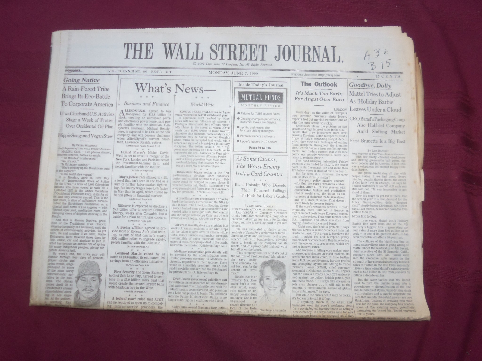 1999 JUNE 7 THE WALL STREET JOURNAL – HOLIDAY BARBIE LEAVES UNDER A CLOUD- WJ 38