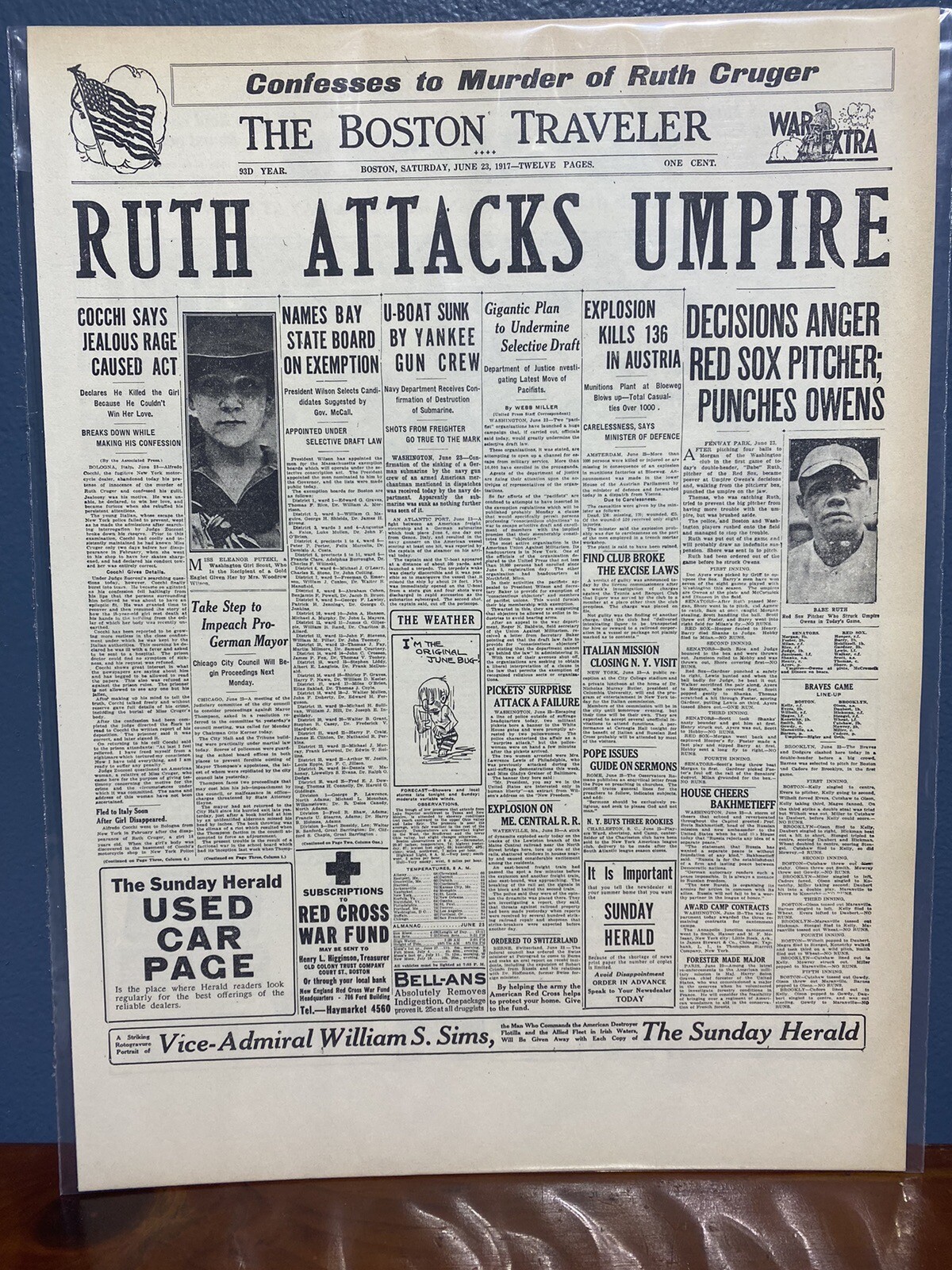 VINTAGE NEWSPAPER HEADLINE BABE RUTH ATTACKS PUNCHES UMPIRE IN JAW BASEBALL 1917