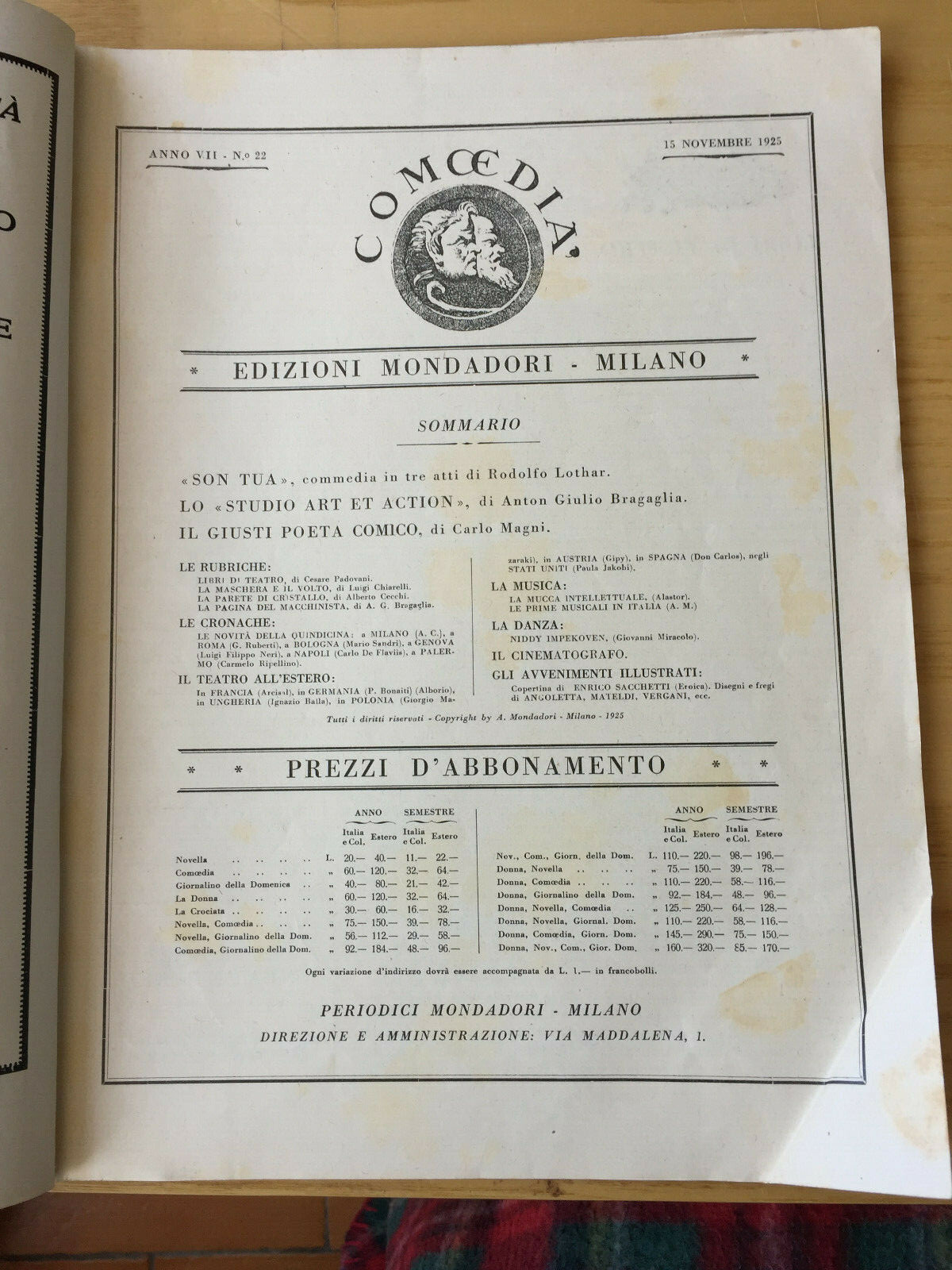 MONDADORI COMOEDIA PERIODICO COMMEDIA E VITA TEATRALE N° 22 1925 BRAGAGLIA 02/19