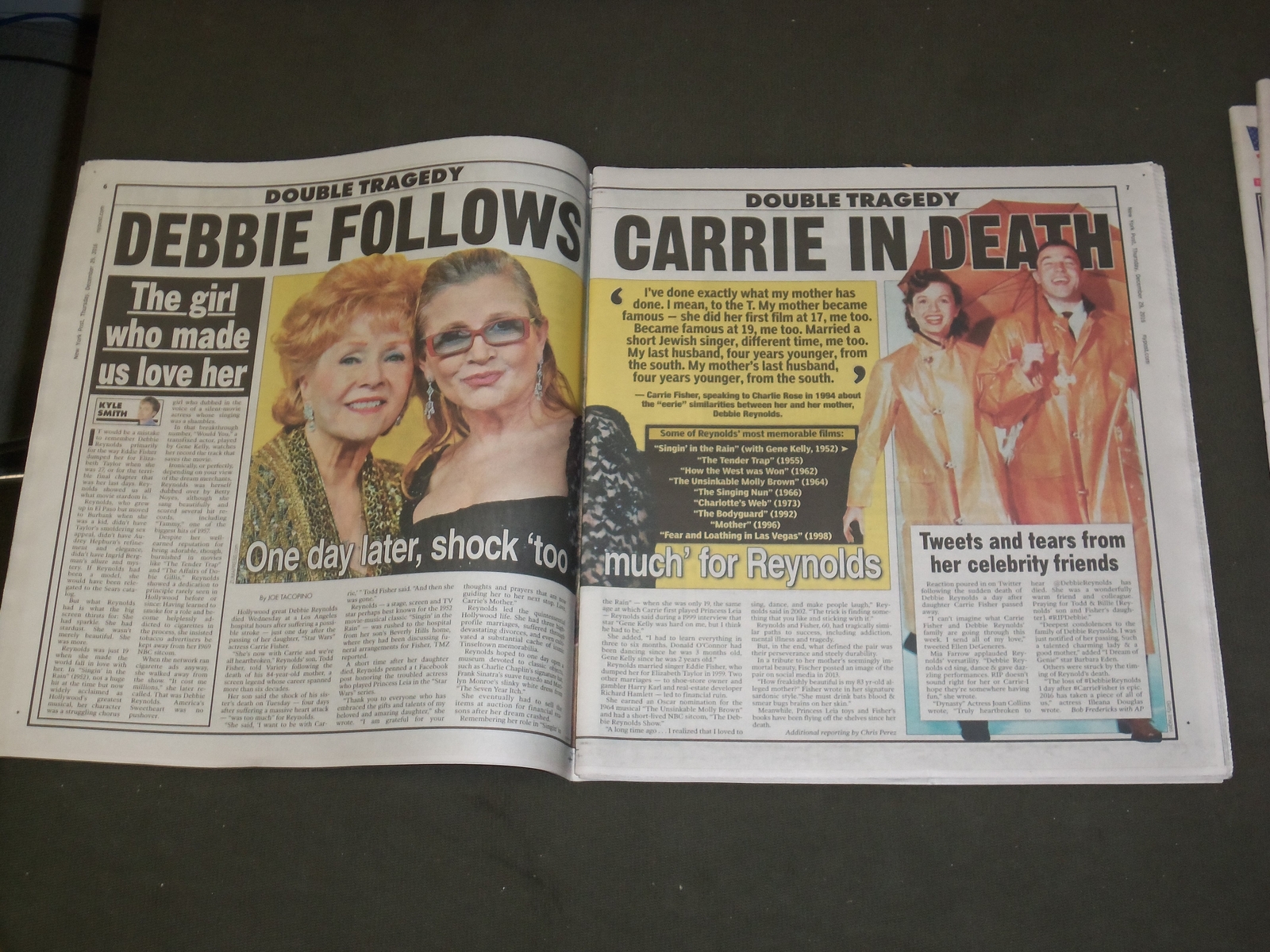 2016 DECEMBER 29 NEW YORK POST NEWSPAPER – DEBBIE REYNOLDS DEAD – 1932-2016