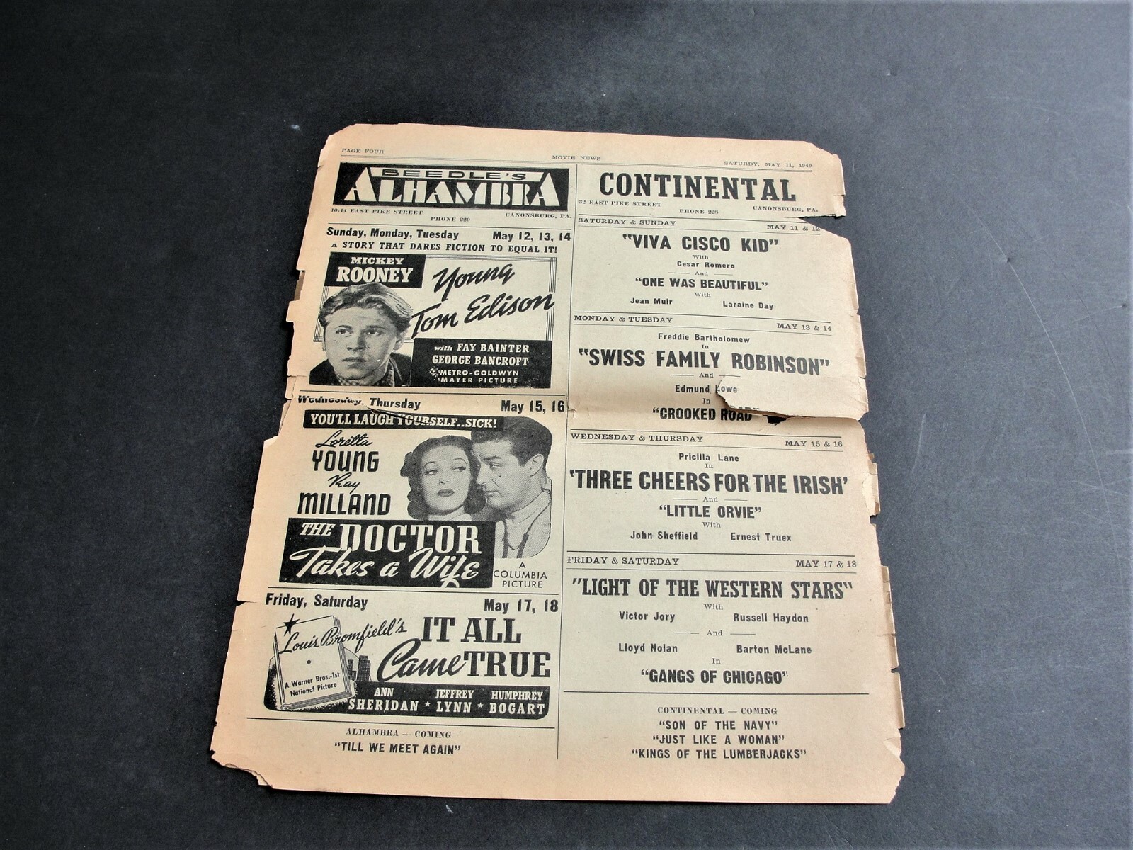 Vintage-Original 1940s Movie News & Ads.- Newspaper Set of (6). RARE.