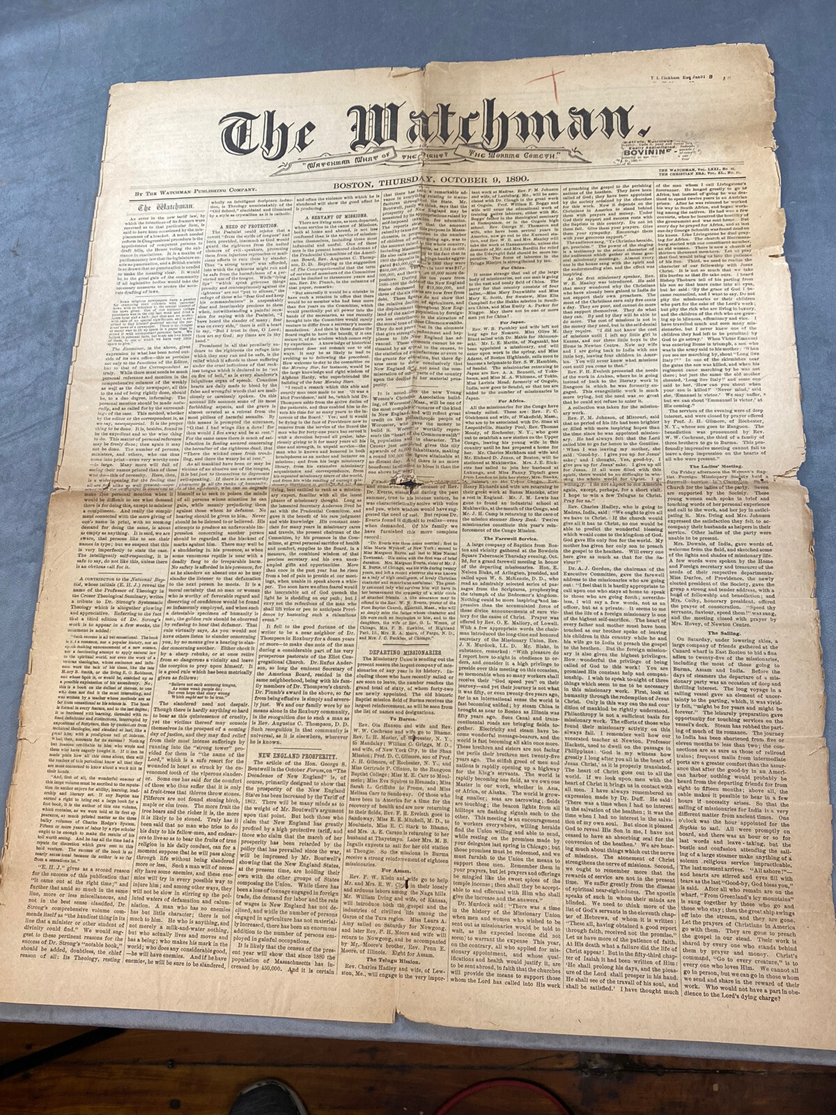 1890 Boston Newspaper “The Watchman” Many Interesting Ads & Articles, Catholic