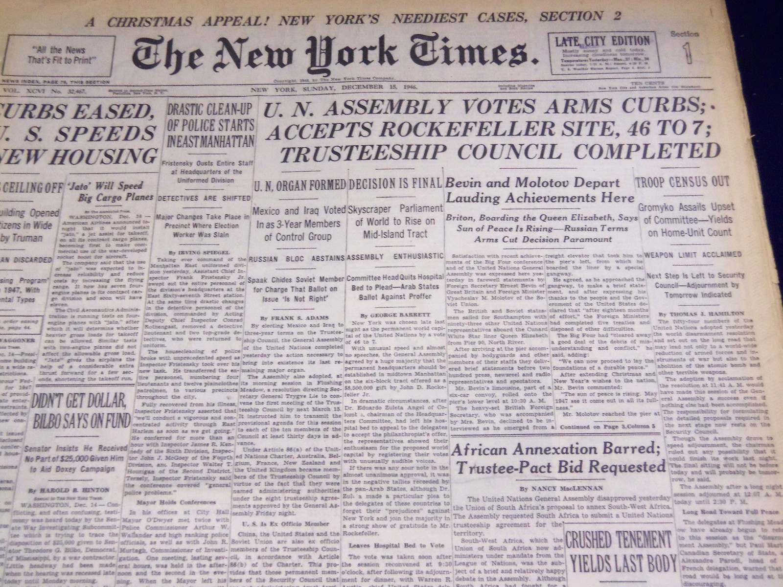 1946 DEC 15 NEW YORK TIMES – U. N. ACCEPTS ROCKEFELLER SITE 46 TO 7 – NT 2630