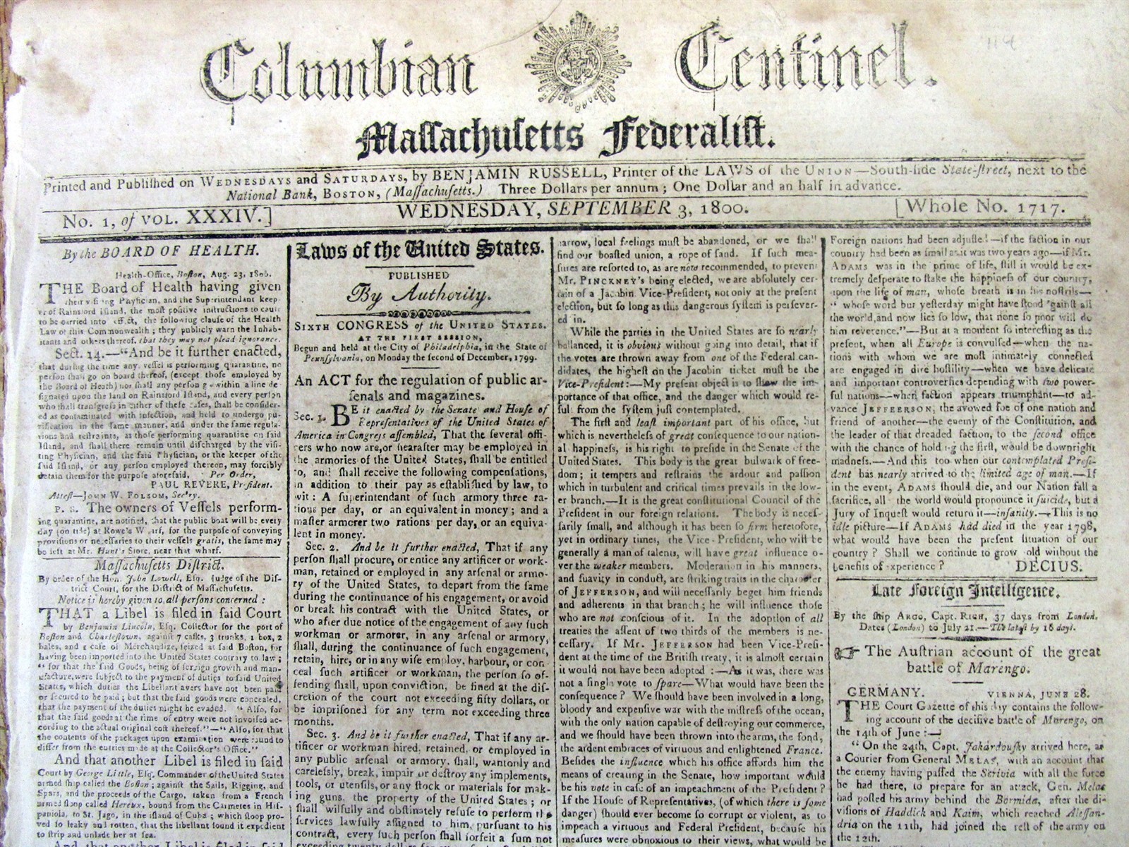 1800 newspaper with NAPOLEON BONAPARTE victory @ THE BATTLE OF MARENGO in ITALY