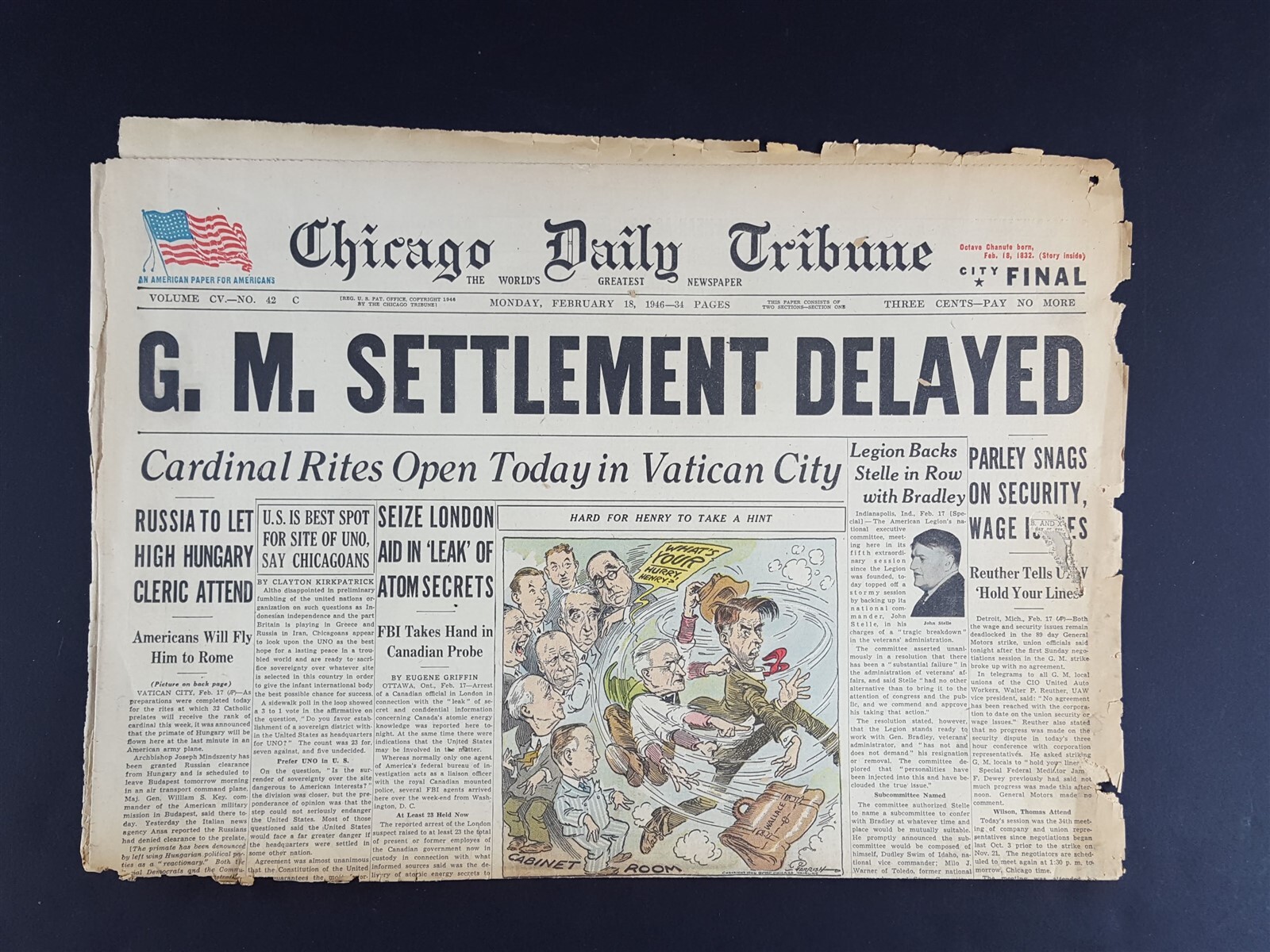 G. M. Settlement Delayed 1946 Old Newspaper Chicago Tribune Feb 18