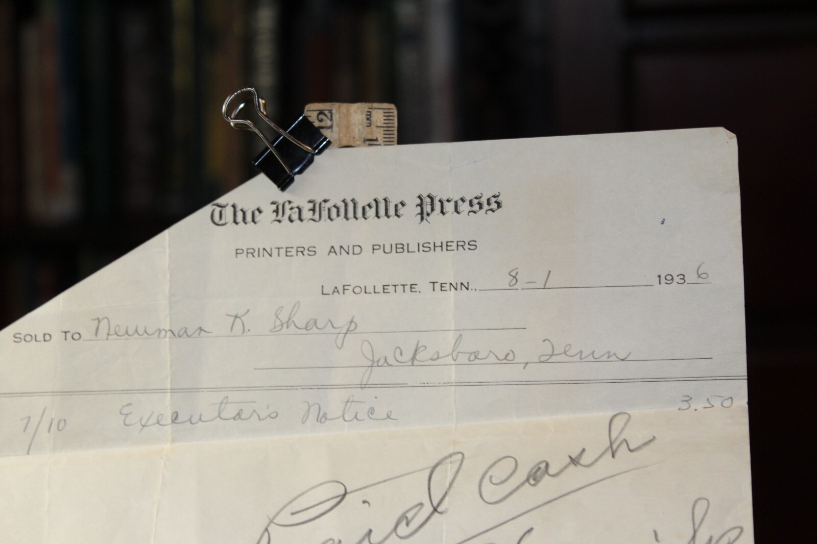 1936 Receipt The LaFollette Press Tennessee