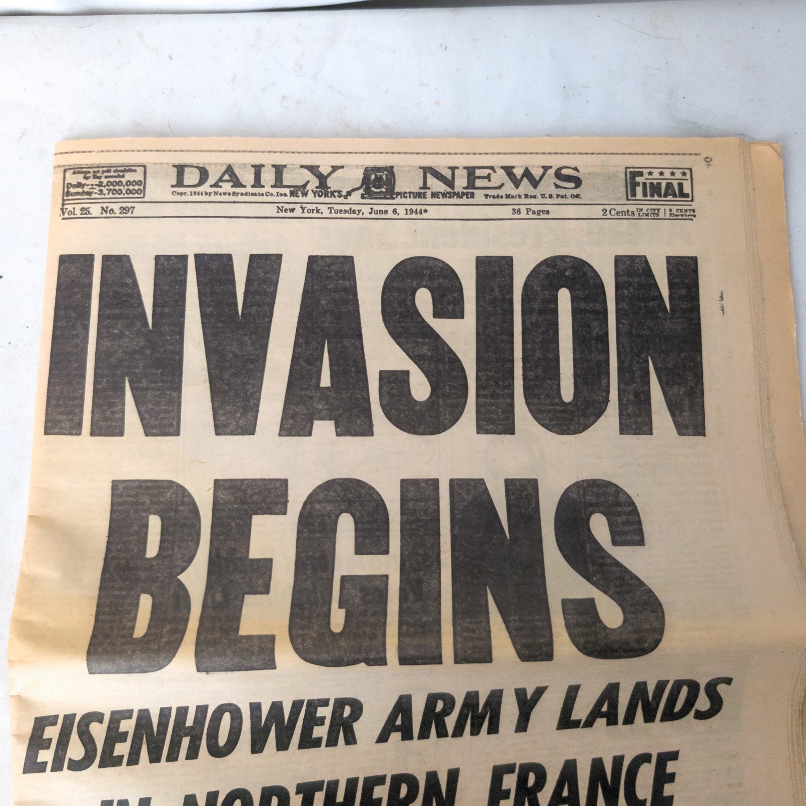 Vtg 1944 Daily News Newspaper New York WWII Invasion Begins June 6