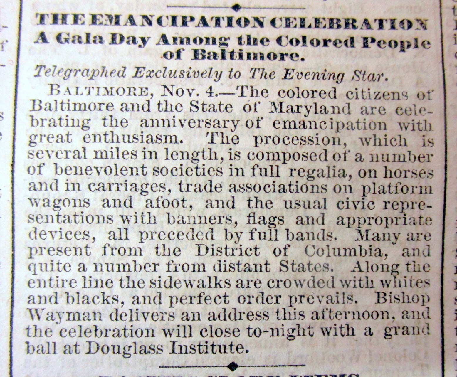 1869 newspaper NEGR0ES IN BALTIMORE Maryland celebrate EMANCIPATION ofTHE SLAVES