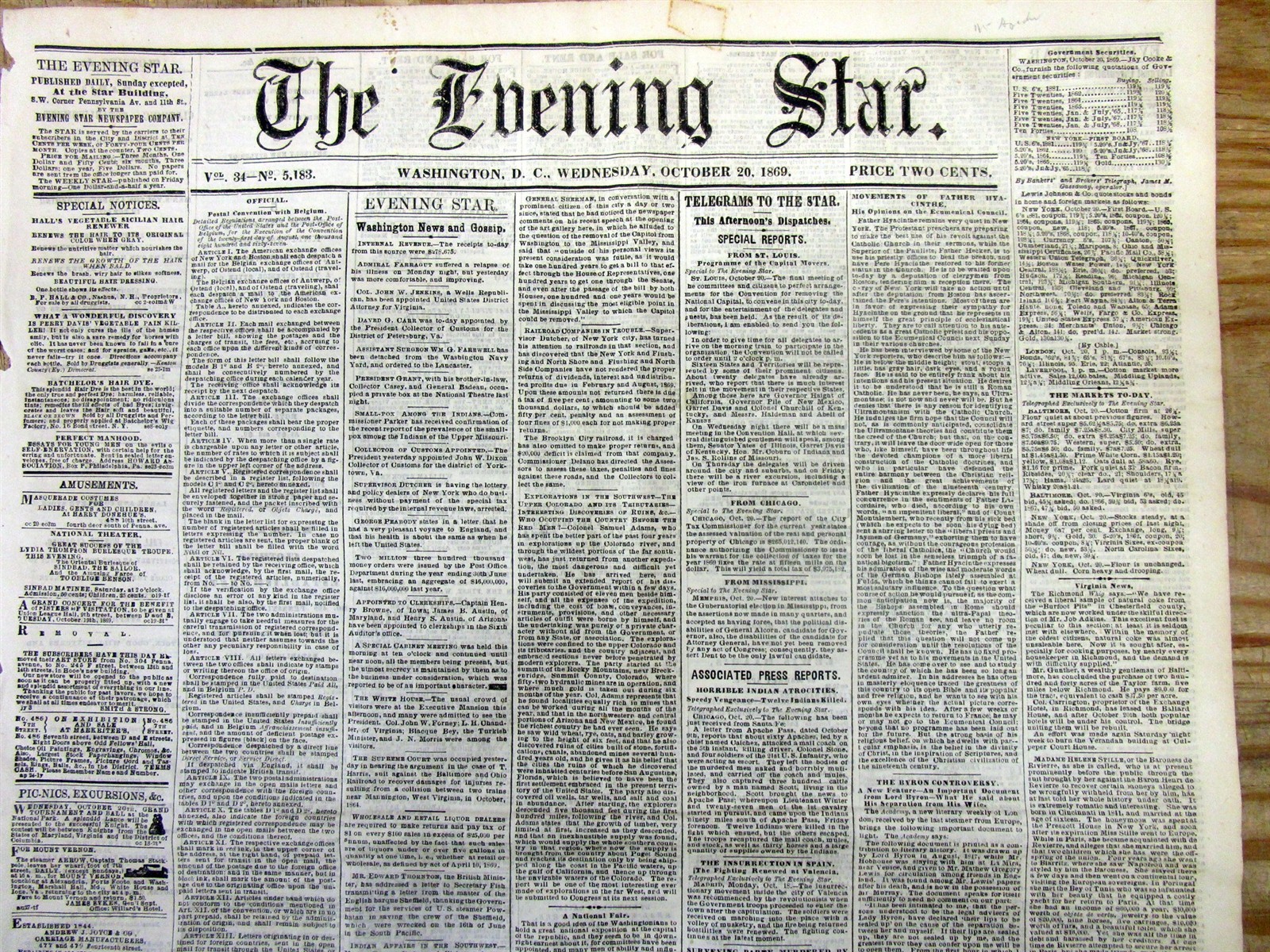 1869 newspaper with the APACHE INDIAN WAR describing ATROCITIES in NEW MEXICO