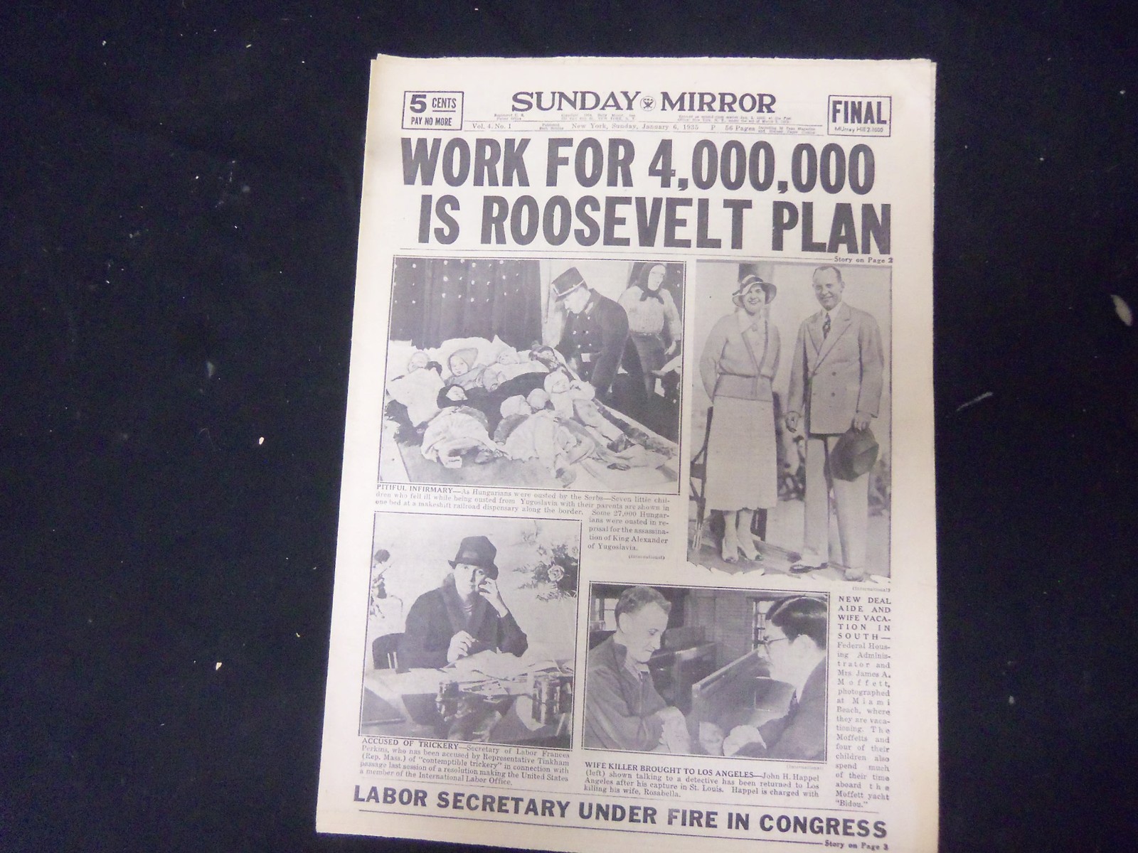 1935 JAN 6 NEW YORK SUNDAY MIRROR-WORK FOR 4,000,000 IS ROOSEVELT PLAN – NP 2246